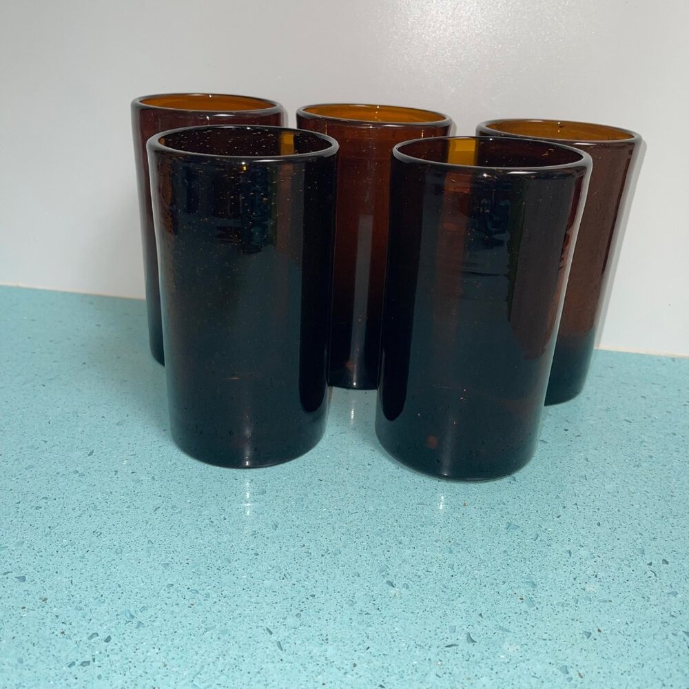 Vintage Bubble Tumblers Hand Blown Dark Amber Set of 5 Collectible